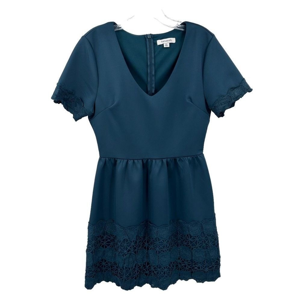 Francesca's Teal V-Neck Lace Trim Fit and Flare Mini Dress Lace Womens Medium
